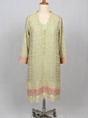 Agha Noor Luxury Mint Green 2-Pc Suit Pink Floral Embroidery L /XL Diwali Specia